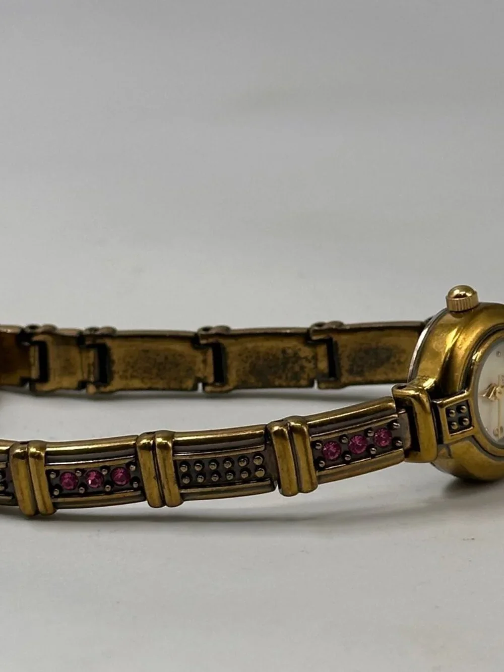 Adolfo Watch Women Gold Tone Pink Rhinestone Accents Small Dial New Battery 7.5